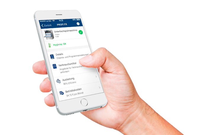  Hand holding smartphone displaying HOBART app for monitoring an undercounter glasswasher, showing hygiene status, consumables, utilization and operating costs, digital solution for commercial kitchens and catering